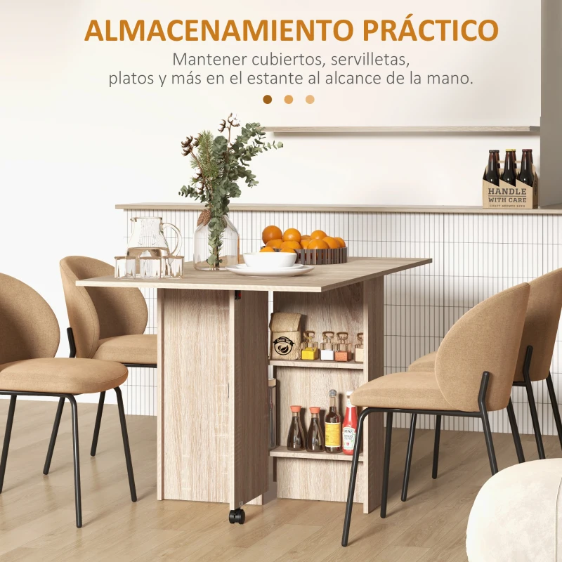 HOMCOM Mesa Plegable con 2 Alas Abatibles de Madera 2 Estantes y Ruedas para Cocina Comedor 75x140x74 cm Madera Natural