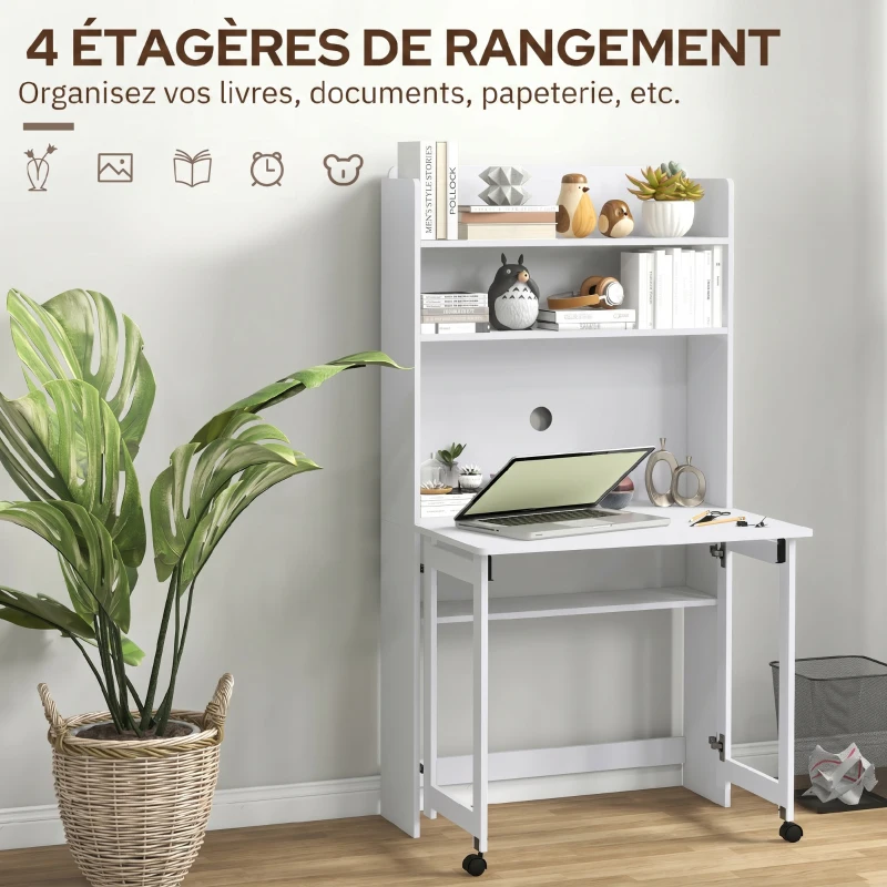 HOMCOM Bureau informatique avec étagères de rangement plateau rabattable 2 roulettes pour chambre salon 80 x 69 x 155 cm blanc