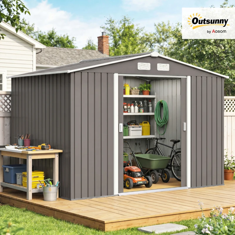 Outsunny 9 x 6FT Outdoor Garden Roofed Metal Storage Shed Tool Box with Foundation Ventilation & Doors Light, Grey(m-14)
