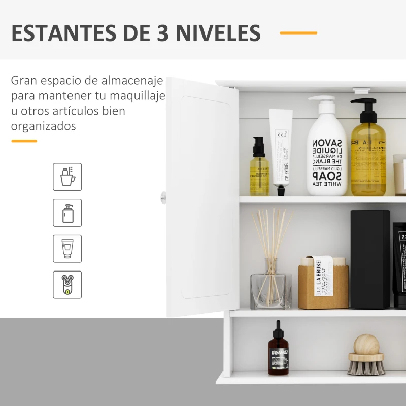 kleankin Armario de Baño con Espejo, Armario de Pared con 2 Puertas, Estante Abierto, Estante Ajustable, Mueble de Baño Colgar para Cocina, Salón, 56x13x58 cm, Blanco