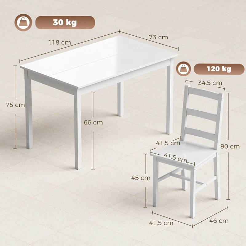 HOMCOM 5-delige Eethoek voor 4 Personen, Rechthoekige Eettafel en Stoelen van Massief Hout, Compact, Wit