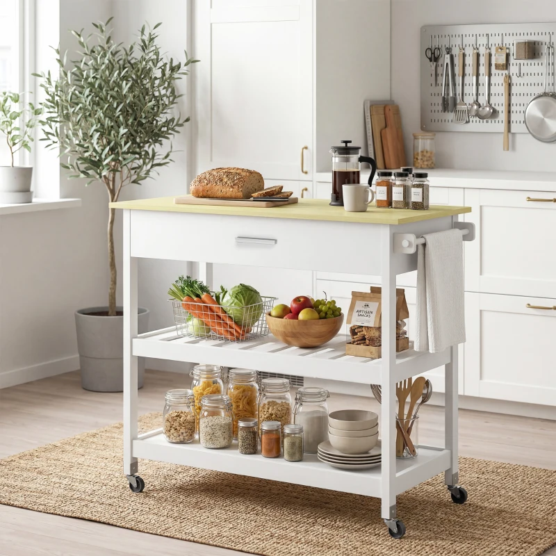 HOMCOM Desserte de cuisine à roulettes, îlot central cuisine avec plan de travail, tiroir, étagères, porte-serviettes, blanc