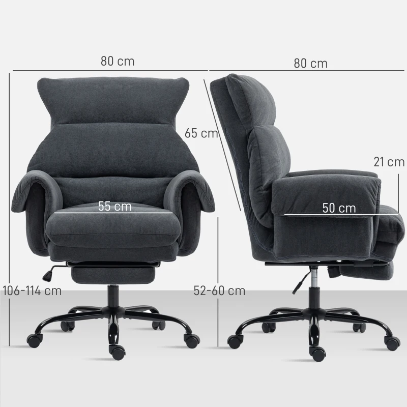 HOMCOM Silla de Escritorio con Reposapiés Respaldo Reclinable y Alto Asiento y Reposabrazos Anchos Acolchado Grueso Gris Oscuro