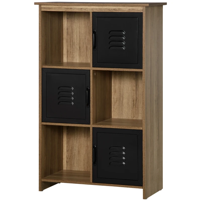 HOMCOM Estante Design Industrial - Móvel de Arrumação 3 nichos 3 compartimentos - Aspeto Madeira com Portas em Metal Preto