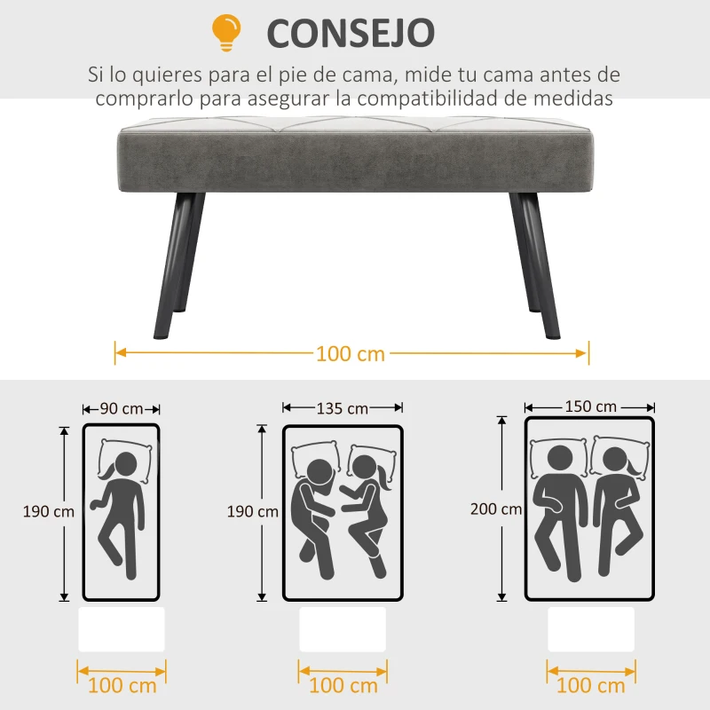 HOMCOM Taburete Pie de Cama Multifuncional con Pies de Acero y Asiento Acolchado para Entrada Pasillo 100x36x45 cm Gris