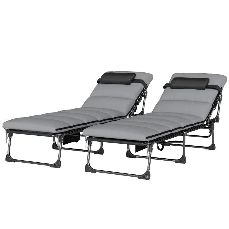 Outsunny Lot de 2 Bain de Soleil Chaise Longue Jardin avec Matelas 9cm Pliable Dossier Réglable 5 Positions Appui-tête 200cm Gris