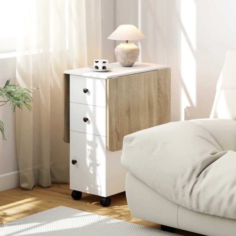 HOMCOM Mesa Plegable de Comedor con Ruedas Alas Abatibles 2 Cajones y Armario Hasta 6 Personas 120x60x76,5 cm Blanco y Natural