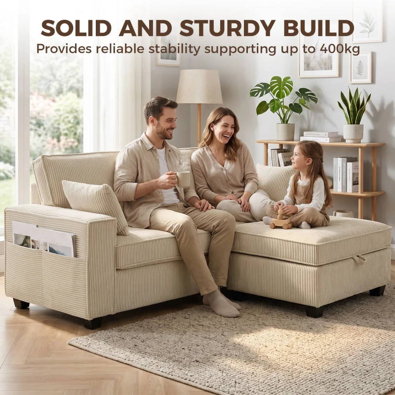 HOMCOM Canapé 3 Places avec Pouf de Rangement, Canapé d'Angle en Velours Côtelé, Assise Large, 2 Coussins, Beige