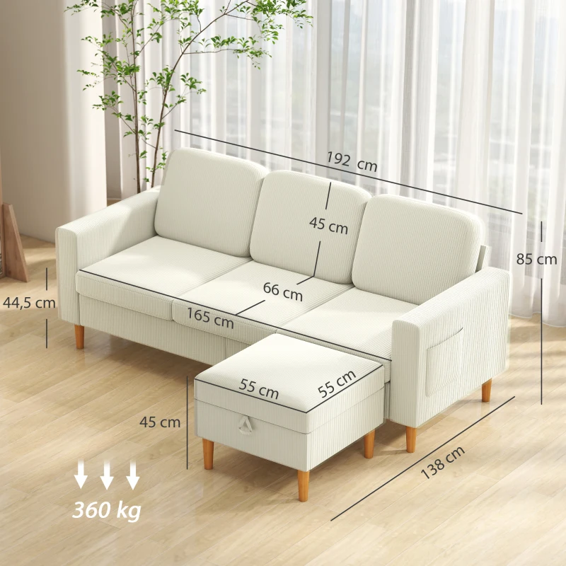 HOMCOM Sofá 3 Lugares com Pufe Sofá em Veludo Cotelê Assento e Encosto Acolchoados 192x138x85 cm Bege