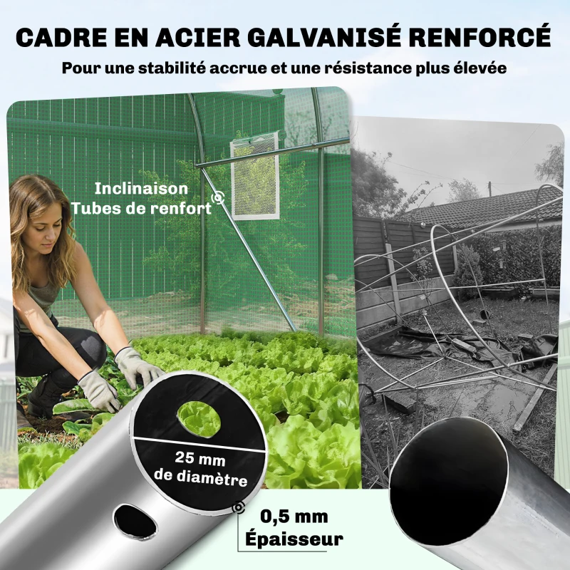 Outsunny Serre tunnel de jardin 6m², serre de jardin tunnel 200x300x200cm porte et 6 fenêtres, bâche PE 140 g/m² vert