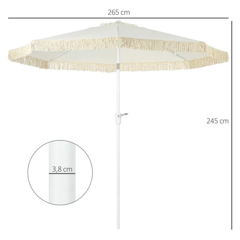 Outsunny Guarda-sol de jardim guarda-sol exterior inclinável guarda-sol com franjas com manivela 8 varetas dim. Ø 2,65 x 2,45 H m Branco