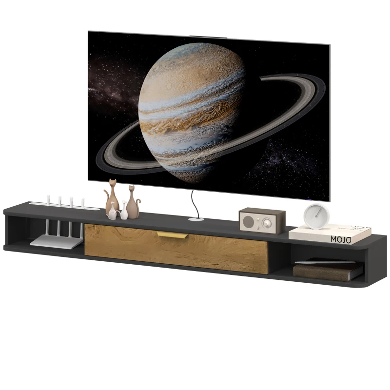 HOMCOM Móvel TV suspenso com compartimentos abertos, porta basculante e passagens para cabos, 160 x 24 x 16 cm, cinzento