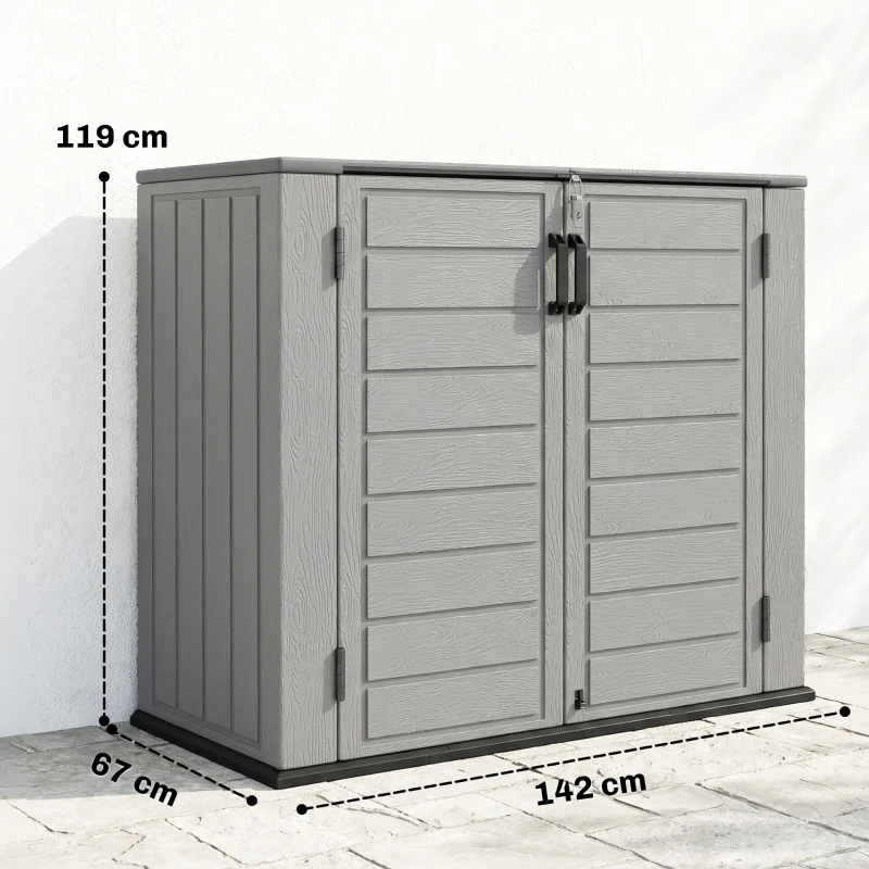 Outsunny Cobertizo de Jardín de HDPE 940L con Tapa Abatible 2 Puertas Cerradura Cobertizo de Jardín 142x67x119 cm Gris Claro
