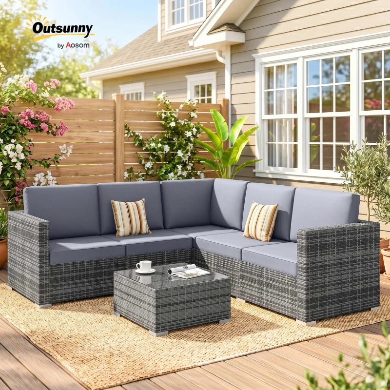 Outsunny 4 Pieces Rattan Garden Furniture Set, Wicker Outdoor Furniture Set with Corner Sofa Loveseat Coffee Table Cushions, Conservatory Furniture Set for Patio Balcony Poolside, Grey