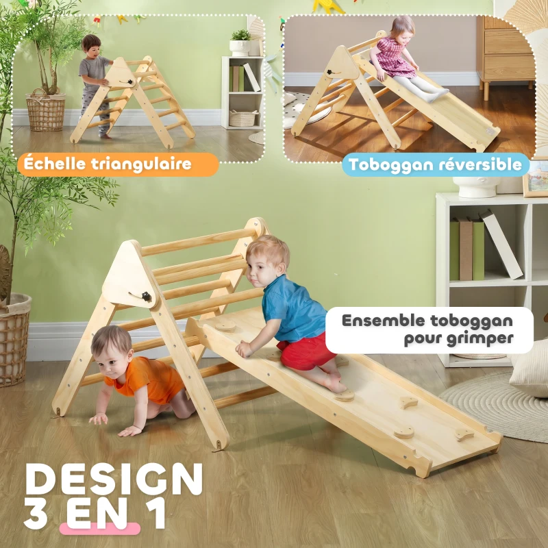AIYAPLAY Triangle d'escalade, 3 en 1 en bois pour grimper et glisser, charge max. 50 kg, pour 18-48 mois, bois naturel