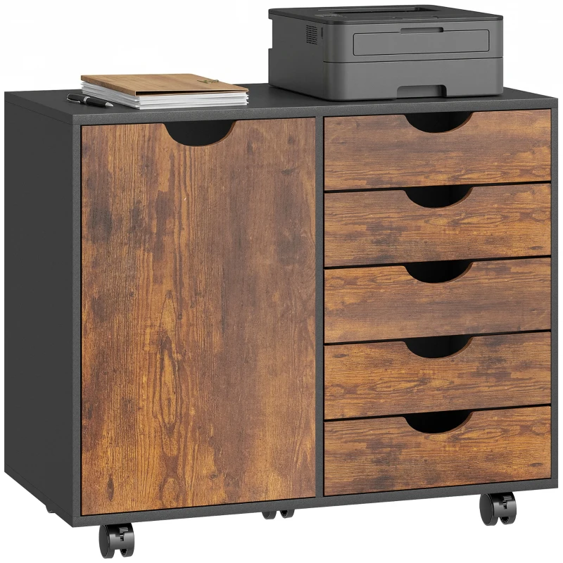 HOMCOM Meuble de rangement pour bureau 5 tiroirs 1 porte étagère réglable, support imprimante roulettes, 78x40x66,5 cm, marron