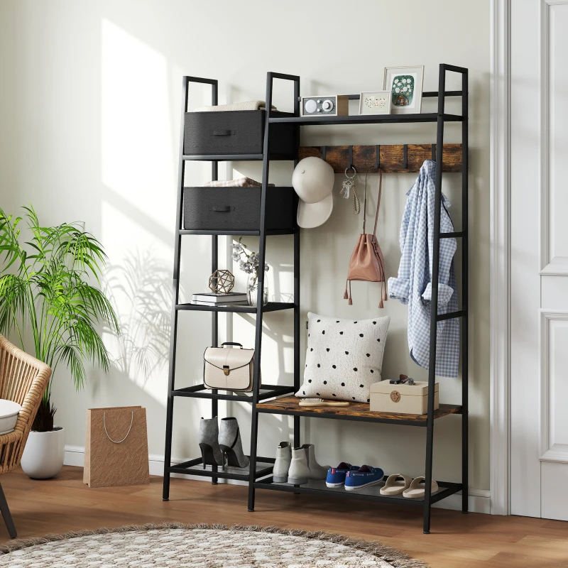 HOMCOM Cabideiro móvel de arrumação para entrada, 6 prateleiras 4 ganchos 2 gavetas de tecido, 125 x 43 x 185,5 cm, em aço e madeira