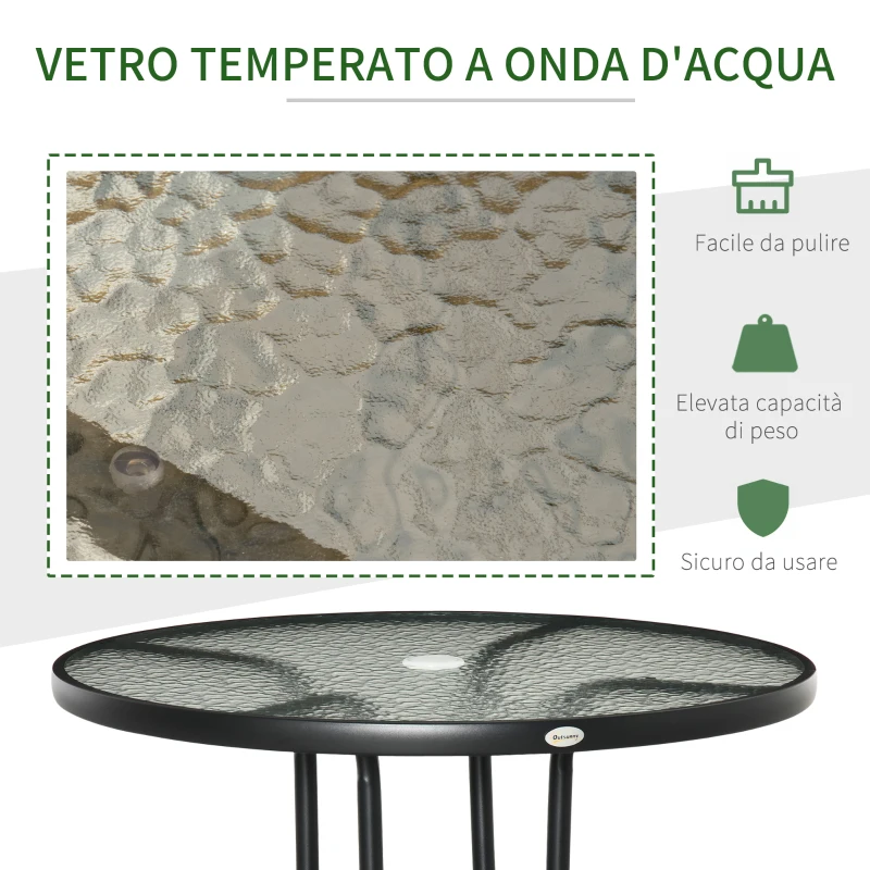 Outsunny Tavolo da Giardino Rotondo con Foro per Ombrellone e Piano in Vetro, in Metallo, Ø80x72 cm, Nero