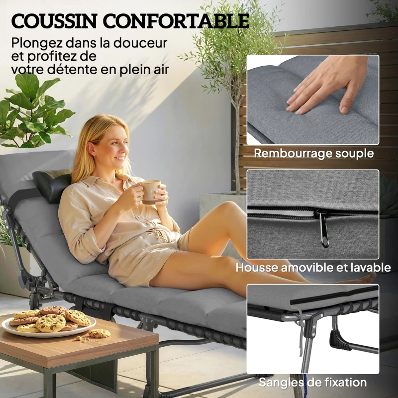 Outsunny Lot de 2 Bain de Soleil Chaise Longue Jardin avec Matelas 9cm Pliable Dossier Réglable 5 Positions Appui-tête 200cm Gris