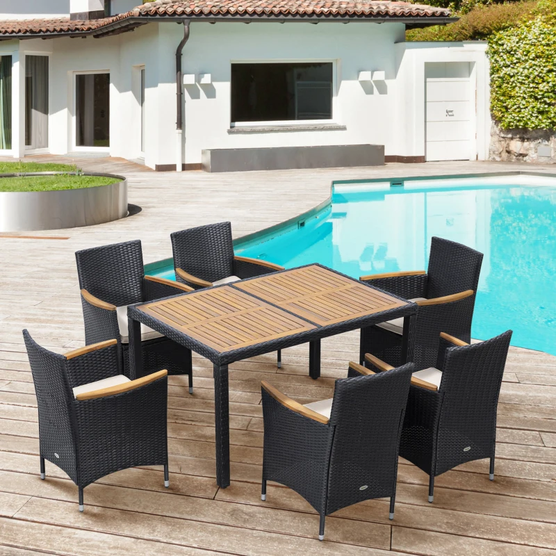 Outsunny Conjunto de jardim 6 pessoas grande mesa de jantar retangular + 6 cadeiras & almofadas laváveis