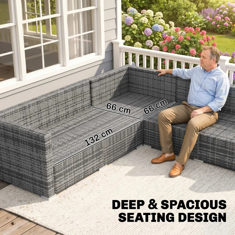 Outsunny 4 Pieces Rattan Garden Furniture Set, Wicker Outdoor Furniture Set with Corner Sofa Loveseat Coffee Table Cushions, Conservatory Furniture Set for Patio Balcony Poolside, Grey