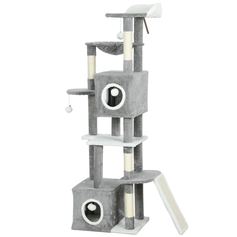 PawHut Arbre à chat tour de jeux pour chats centre d'activités 2 niches plateformes hamac échelle et 4 pompons 165 cm gris
