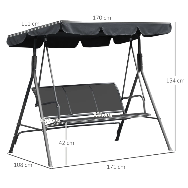 Outsunny Balanço de Jardim 3 Lugares Teto impermeabilizado Inclinação ajustável Assento e Encosto Ergonómicos Aço