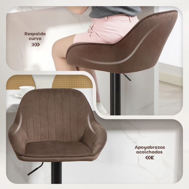 HOMCOM Juego de 2 Taburetes de Bar Giratorios Altura Ajustable 62-83 cm Tapizada en Terciopelo Respaldo y Reposapiés Marrón