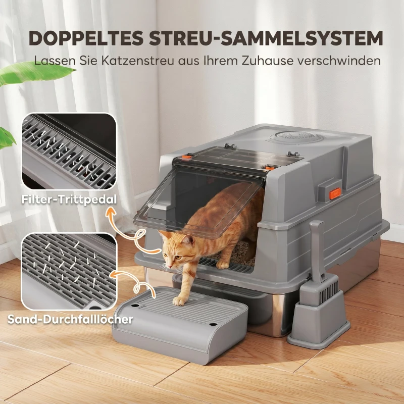 PawHut Katzenklo XXL Edelstahl Katzentoilette 130L mit 180° Klappdeckel Hohen Seitenwänden Schaufel Trittstufe 70x50x43cm Grau