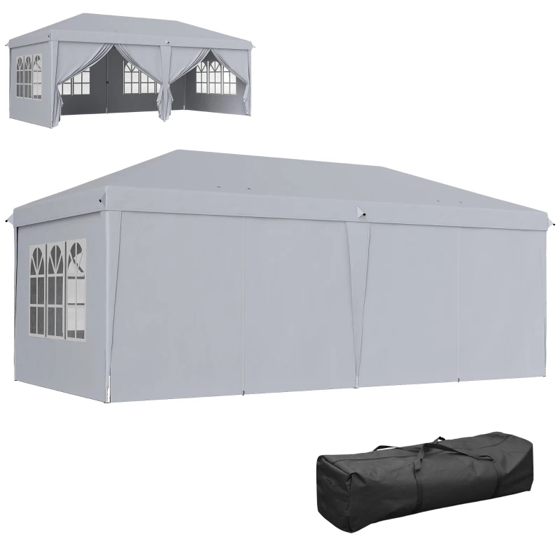 Outsunny Toldo barnum dobrável pop-up 6 x 3 x 2,7 m 4 paredes laterais removíveis 4 janelas bolsa de transporte cinza claro