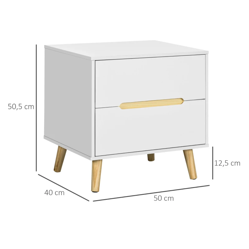 HOMCOM Mesita de Noche con 2 Cajones y Patas de Madera Mesilla de Noche Estilo Moderno 50x40x50,5 cm Blanco