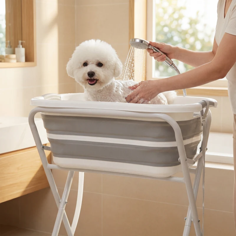 PawHut Dog Bath Tub, Portable Foldable Dog Bathtub with Stand, Drainage Hole, for Small Dogs Puppies Grey