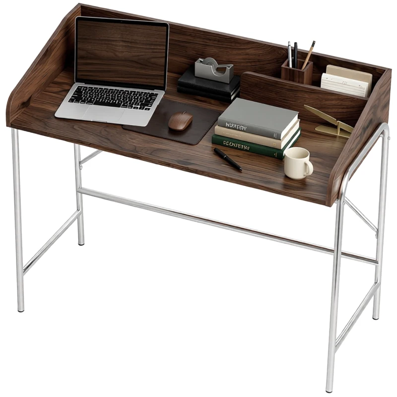 HOMCOM Escritorio Escritorio para Ordenador 109 cm con Borde de Seguridad y Estructura de Metal Nogal