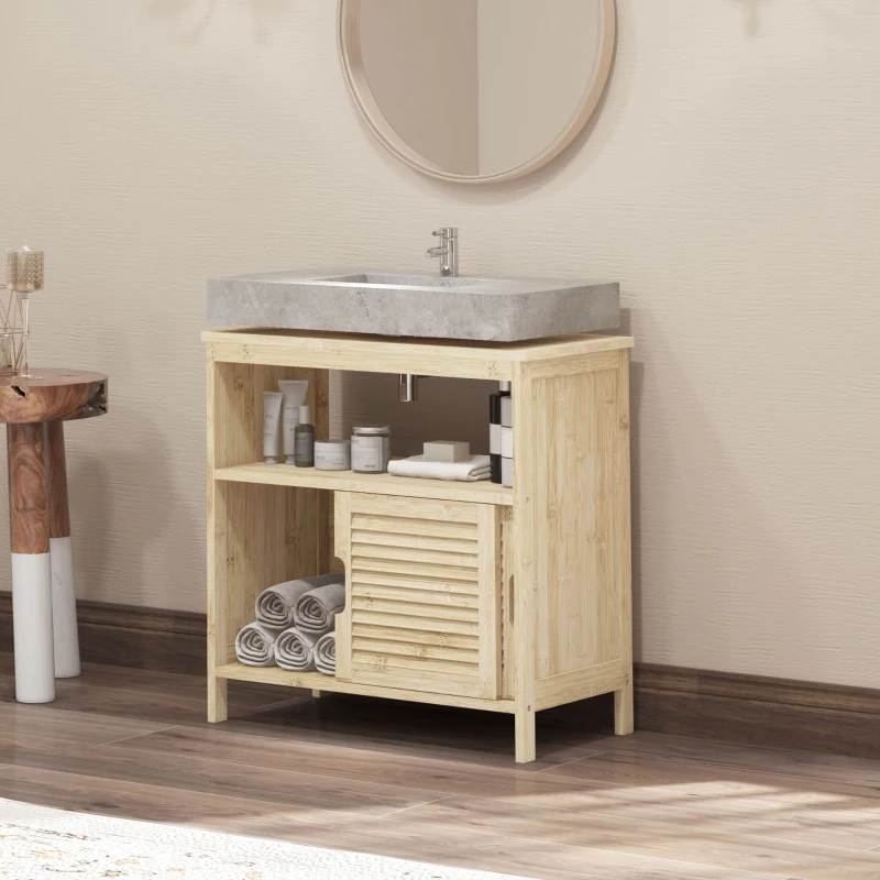 HOMCOM Meuble sous lavabo en Bambou, Meuble de Rangement pour Salle de Bain avec 2 Portes, 60 x 30 x 60 cm, Bois Naturel