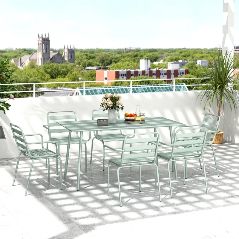 Outsunny Conjunto de jardim conjunto de jantar para jardim 7 peças com 1 mesa e 6 cadeiras empilháveis em aço verde claro