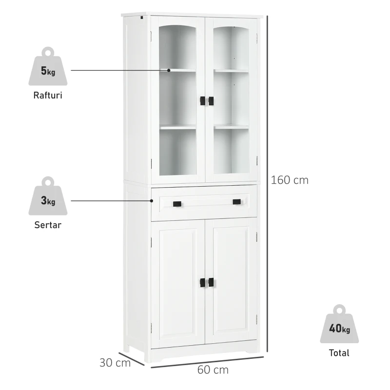 HOMCOM Bufet înalt pentru bucătărie cu 2 dulapuri și sertar, uși din sticlă și rafturi reglabile, 60x30x160cm, alb(m-3)