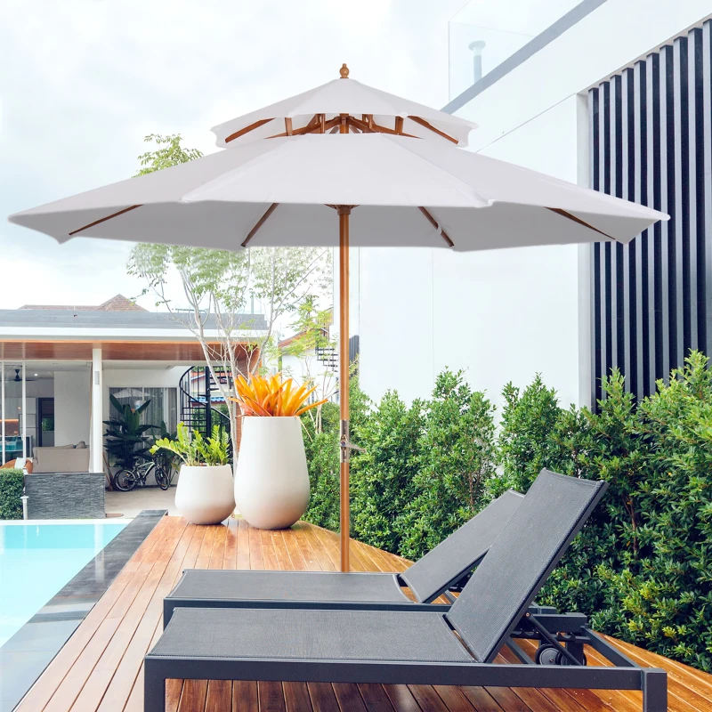 Outsunny Guarda-sol reto Guarda-sol de jardim redondo em Madeira 2 Cobertura Poliéster 180 g/m² dia. 2,7 x 2,6H m branco