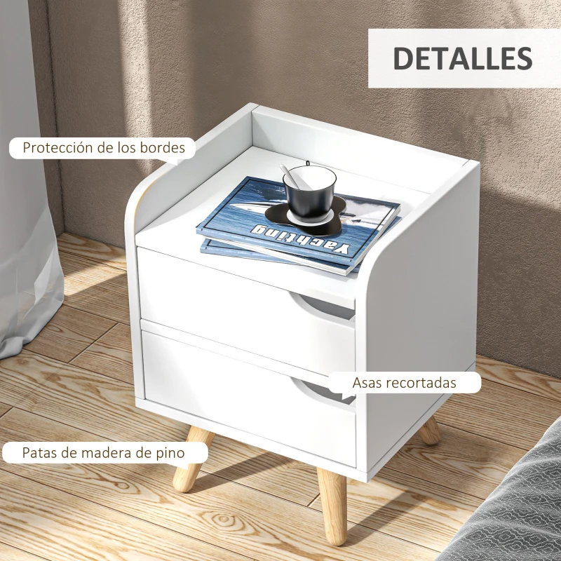 HOMCOM Mesa de Noche Multiusos Mesita Auxiliar para Sala de Estar o Dormitorio con 2 Cajones Espaciosos Patas Elevadas de Pino Diseño Moderno 33x28x42 cm Blanco