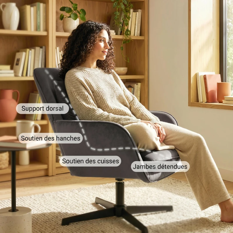 HOMCOM Fauteuil salon, fauteuil d'appoint rembourré en velours avec large assise, coussin et structure en métal, gris foncé