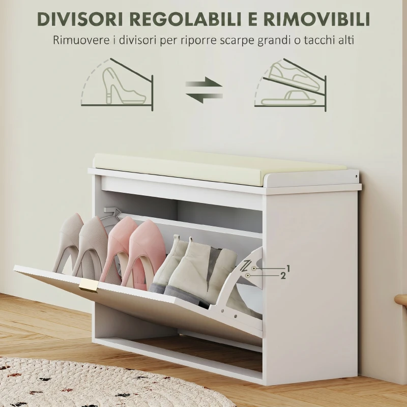 HOMCOM Panca Scarpiera con Ripiano Interno, in Legno e Tessuto Effetto Lino, 80x26x47.5 cm, Bianca e Beige