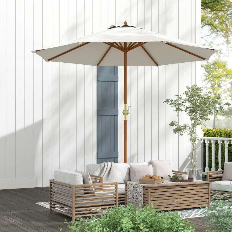Outsunny Guarda-sol de jardim exterior redondo Ø 2,7 x 2,5 m com abertura/fecho por manivela, mastro em madeira, tecido 180 g/m², bege