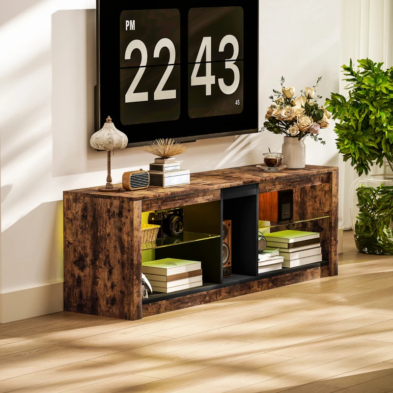 HOMCOM Móvel para TV com luzes LED e comando remoto, prateleiras e compartimentos abertos, 140x35x47cm, castanho
