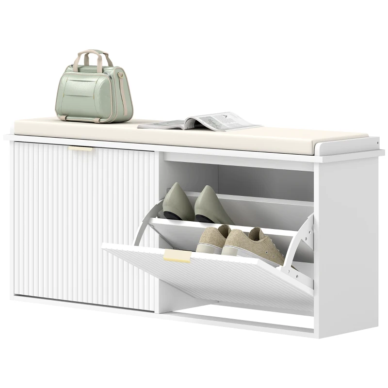 HOMCOM Banc à chaussures avec coussin d'assise rembourré et tiroir rabattable pour couloir, chambre, 104 x 26 x 47,5 cm, blanc