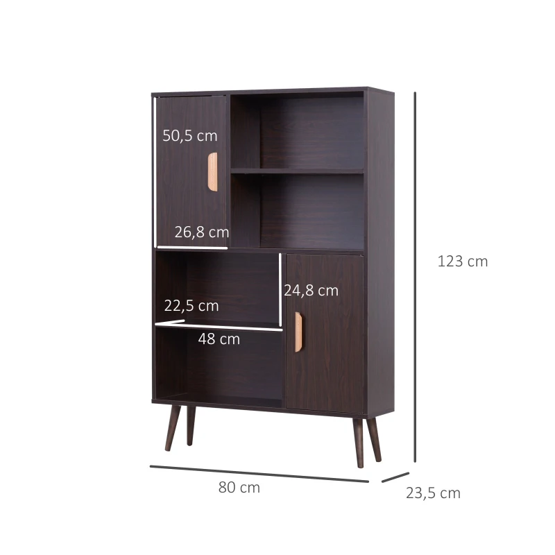 HOMCOM Estante escandinava 4 nichos + 2 armários com prateleira dim. 80L x 24l x 123H cm Pés afilados inclinados Madeira maciça Painéis de partículas wengé