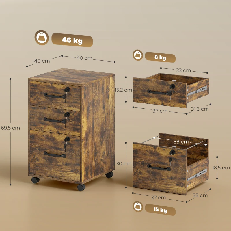 HOMCOM Caisson de Bureau Mobile avec 3 Tiroirs Verrouillables, Caisson de Rangement sur Roulettes, 40 x 40 x 69,5 cm, Marron