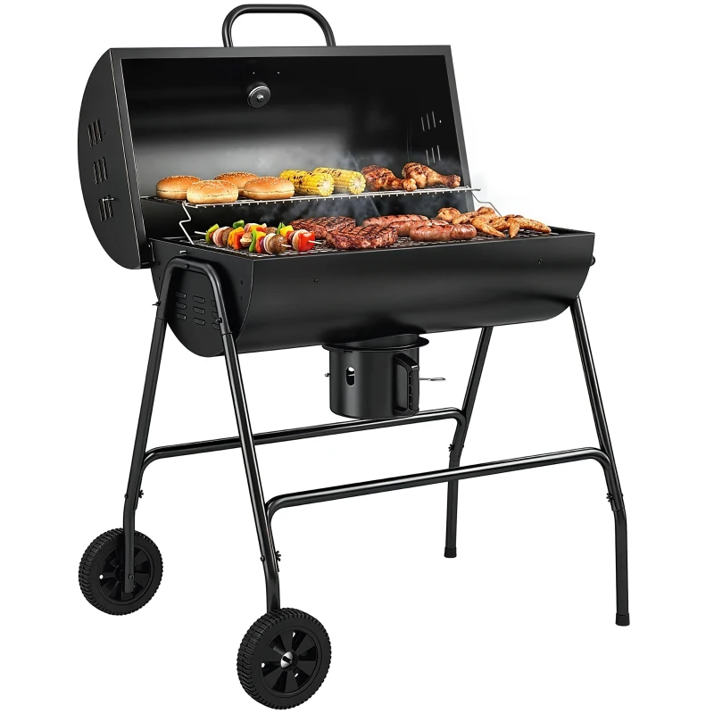 Outsunny Barbecue au charbon de bois BBQ avec couvercle, grille et thermomètre, avec roues, poignée, 95 x 71,5 x 102 cm, noir