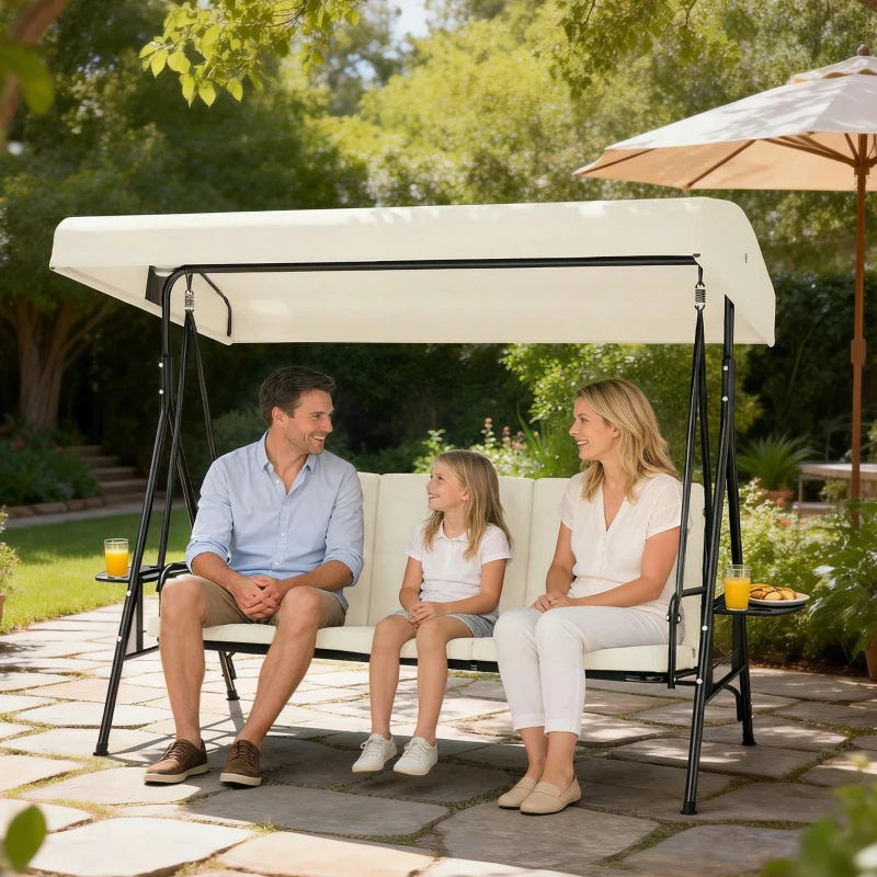 Outsunny Balancelle de jardin 3 places grand confort inclinaison toit réglable, 2 tablettes latérales, coussins, acier polyester