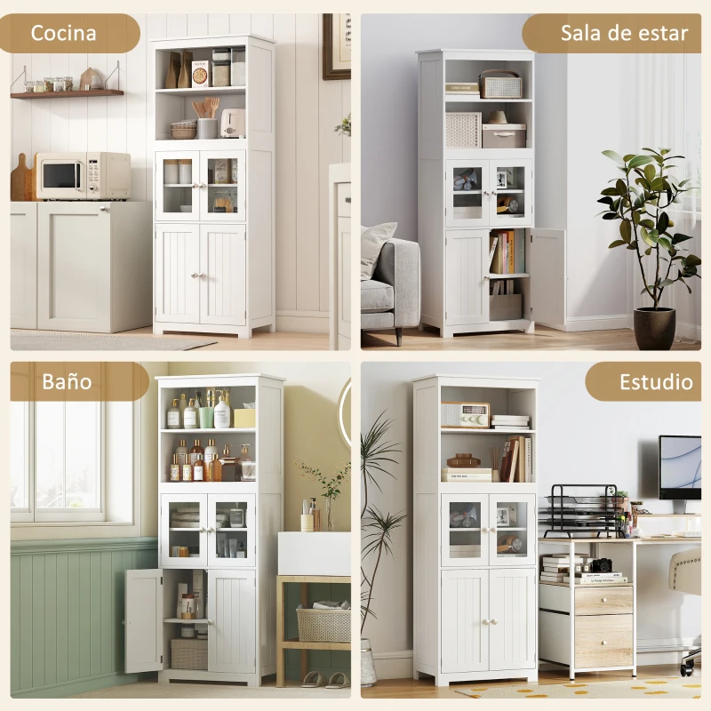 HOMCOM Aparador de Comedor Armario de Cocina con 4 Puertas 2 Estantes Abiertos y Estante Ajustable para Salón 60x30x162 cm Blanco