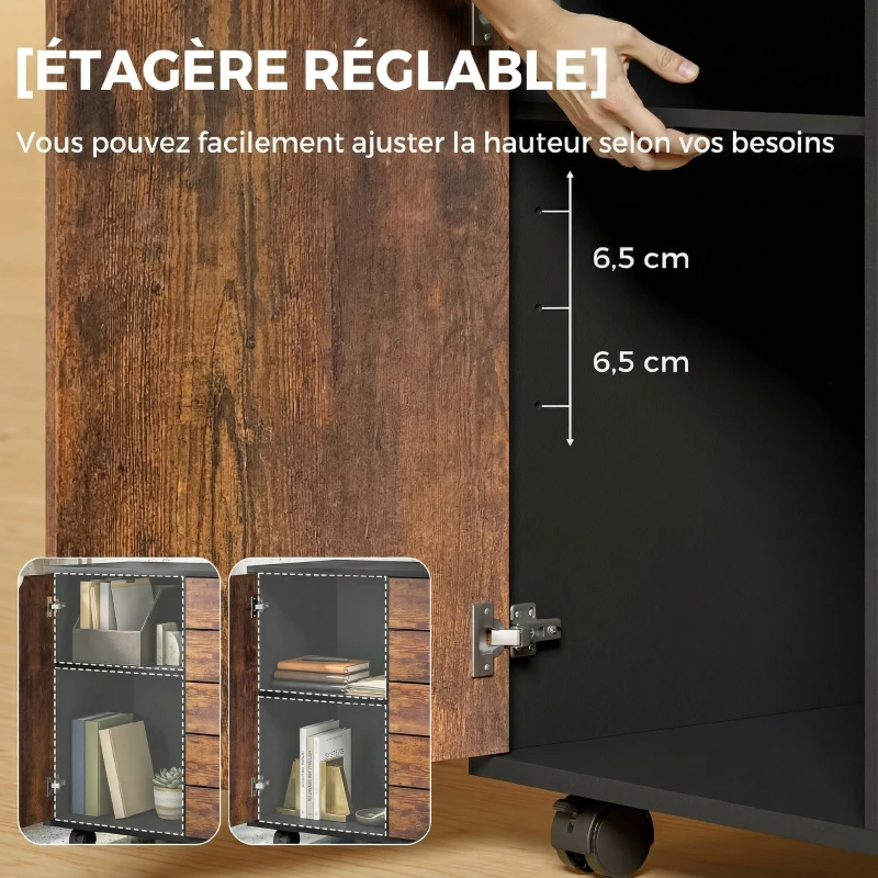 HOMCOM Meuble de rangement pour bureau 5 tiroirs 1 porte étagère réglable, support imprimante roulettes, 78x40x66,5 cm, marron