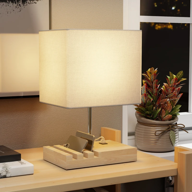HOMCOM Bedside Lamp with USB A+C Charging Ports and 3 Phone Stands, Modern Table Lamp with Solid Wood Base and Fabric Shade for Bedroom Living Room Office, E27 Socket, Bulb Not Included, White
